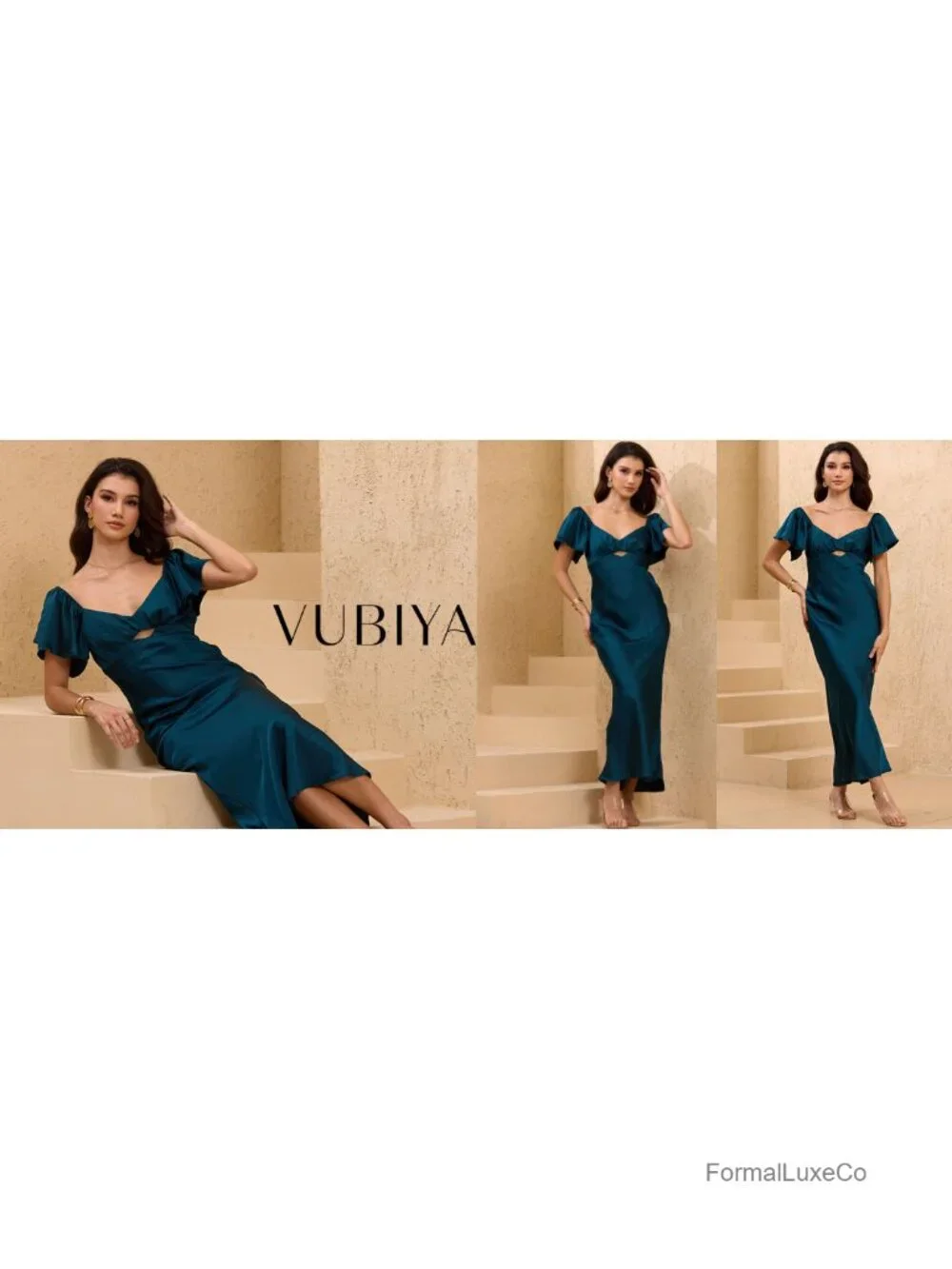 Satin Midi Dress Flutter Sleeve Sweetheart Cutout Ruched Open Back Wedding Guest